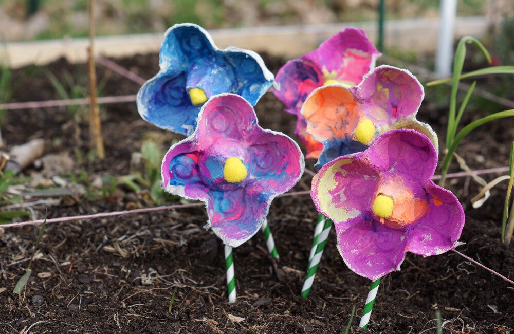 activité manuelle pour créer un bouquet de fleurs à partir de boite à oeuf. peinture enfant