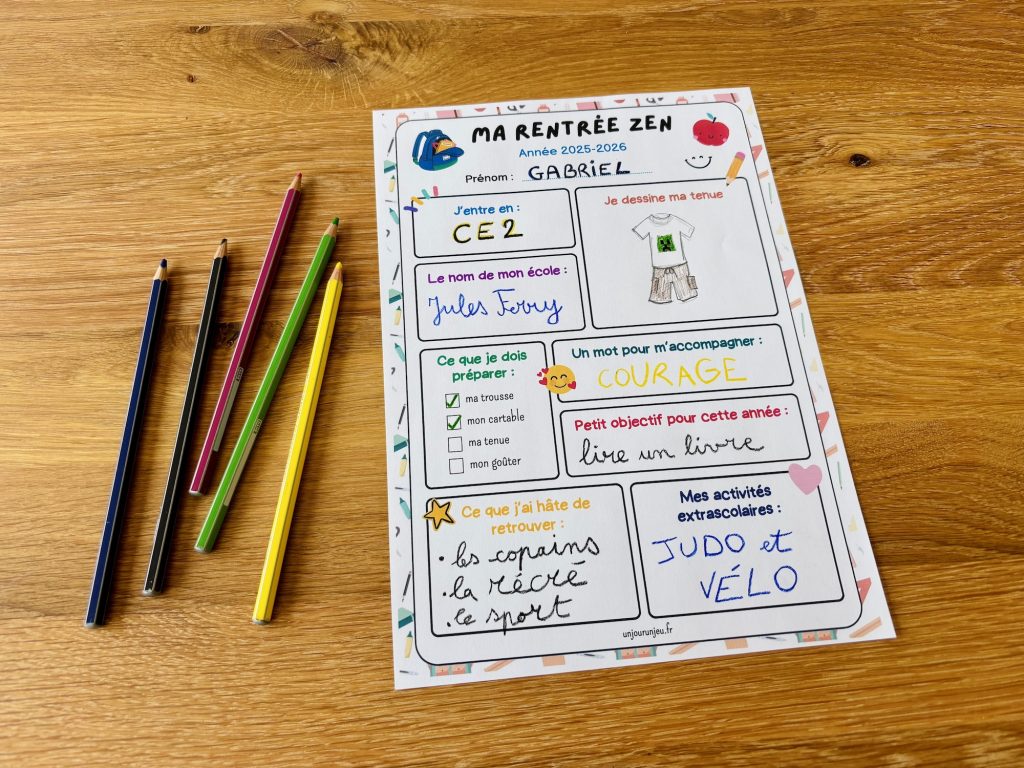 Fiche Rentrée Zen à compléter