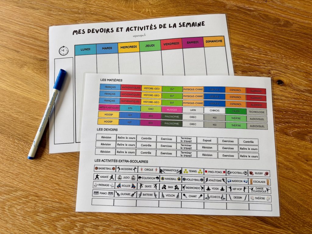 Tableau des devoirs et activités extra-scolaires