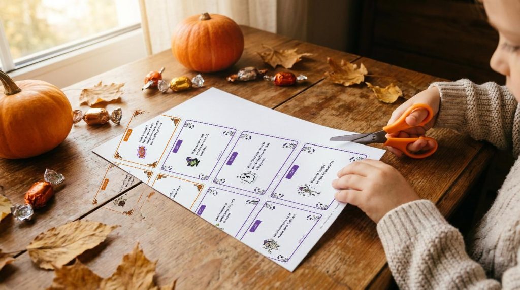 Enfant découpant les cartes du jeu Des bonbons ou un sort