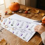Enfant découpant les cartes du jeu Des bonbons ou un sort