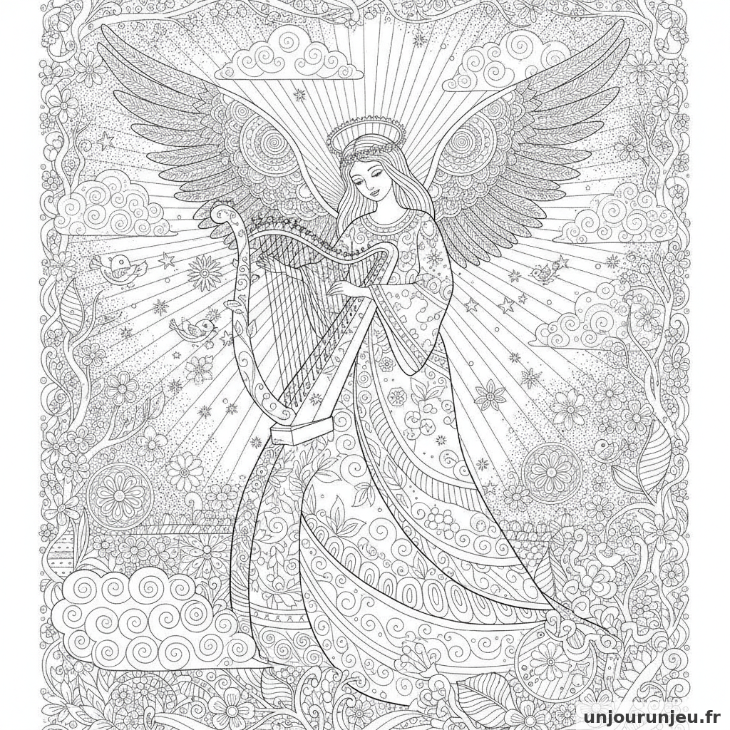 Coloriage Ange Ange Harpe 06