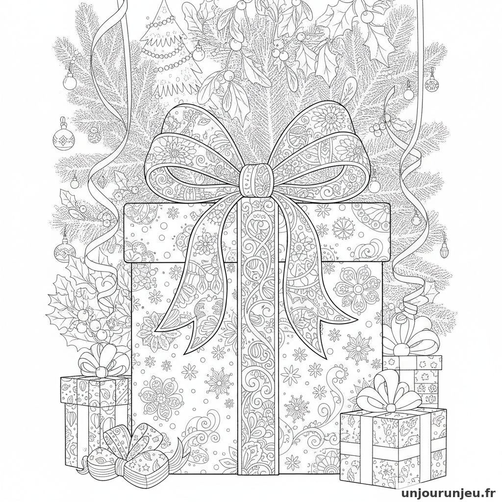 Coloriage Cadeau Cadeau Noel Noeud 01