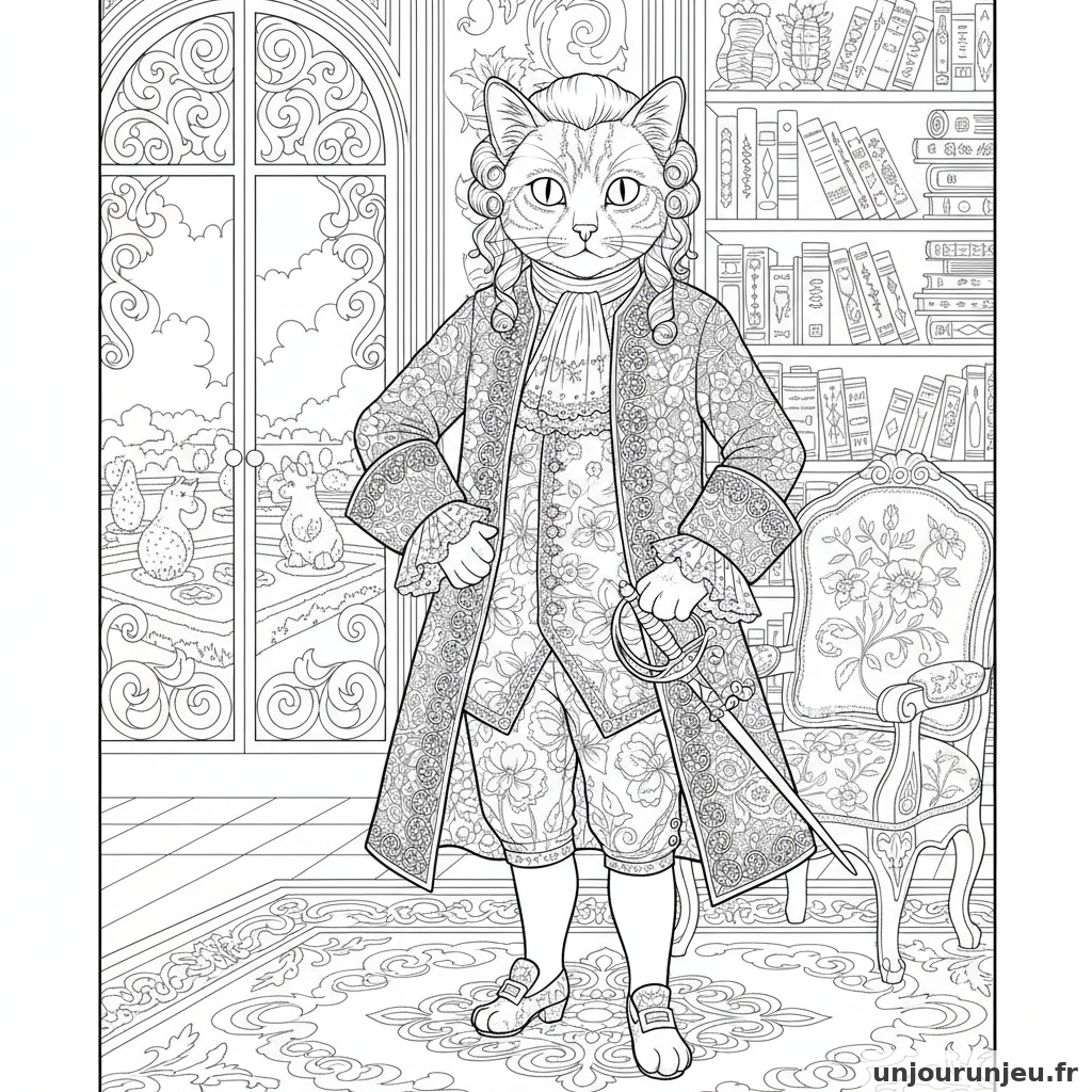 Coloriage Chat Chat Elegant Costume Baroque Dentelle Ornee 02