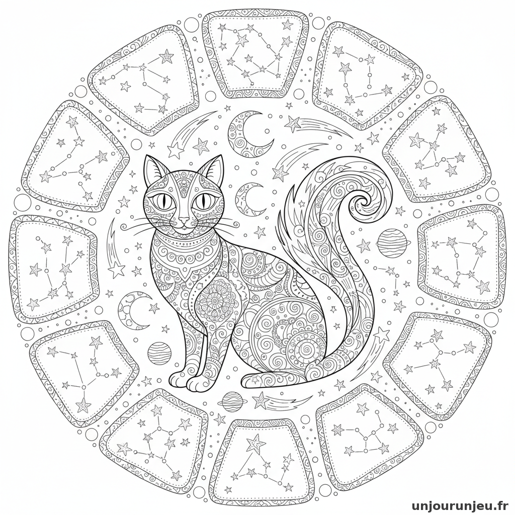 Coloriage Chat Chat Etoiles Entoure Constellations Detaillees 18