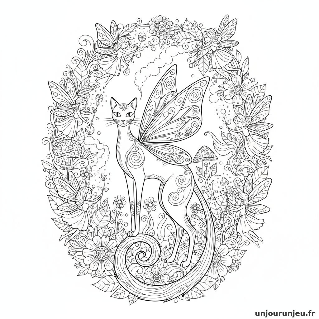 Coloriage Chat Chat Feerique Entoure Fees Fleurs Detaillees 11