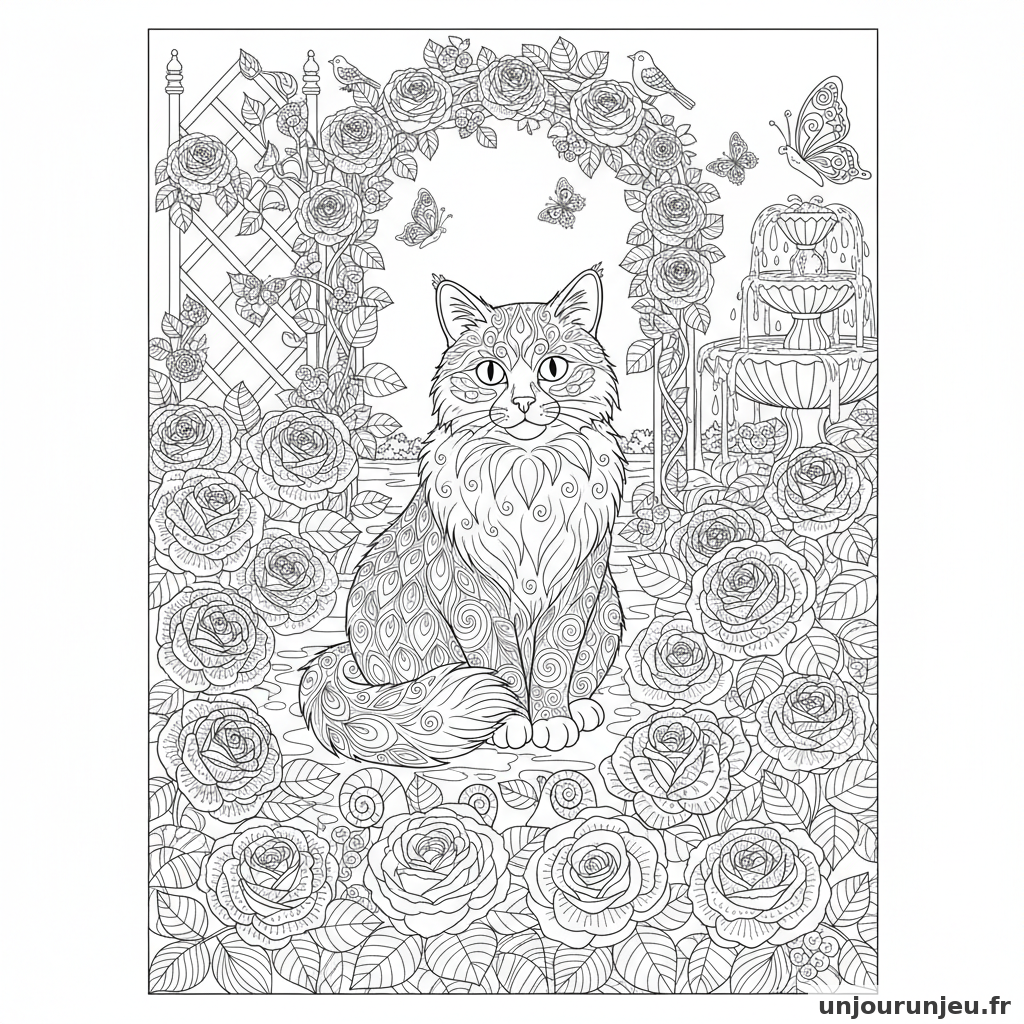 Coloriage Chat Chat Jardin Roses Tres Detaille 04