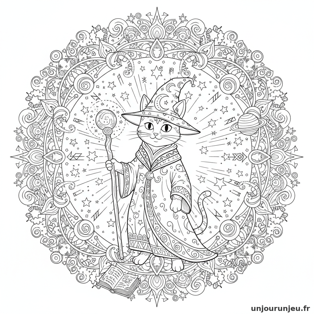 Coloriage Chat Chat Magicien Etoiles Runes Autour 06
