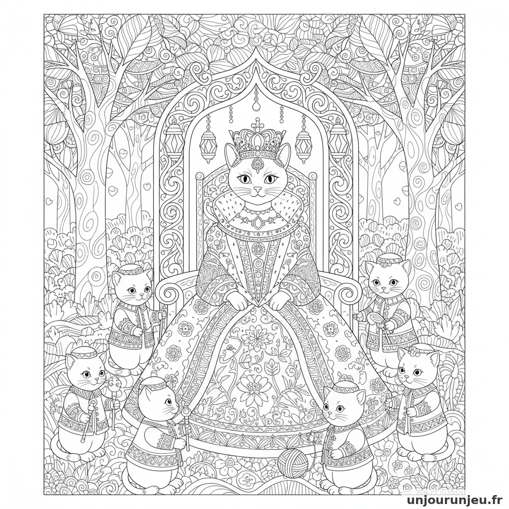 Coloriage Chat Chat Reine Cour Chatons Habits Brodes 08