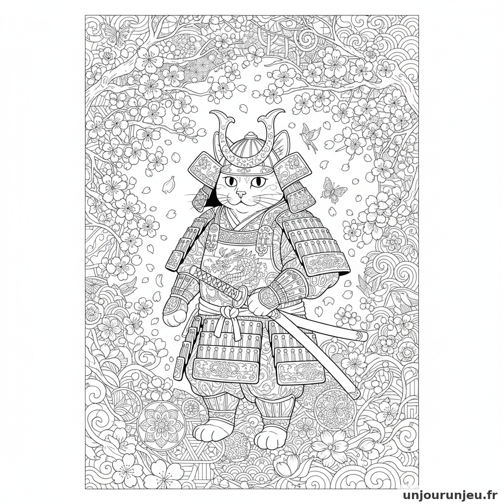 Coloriage Chat Chat Samourai Armure Ornee Fleurs Cerisier 16