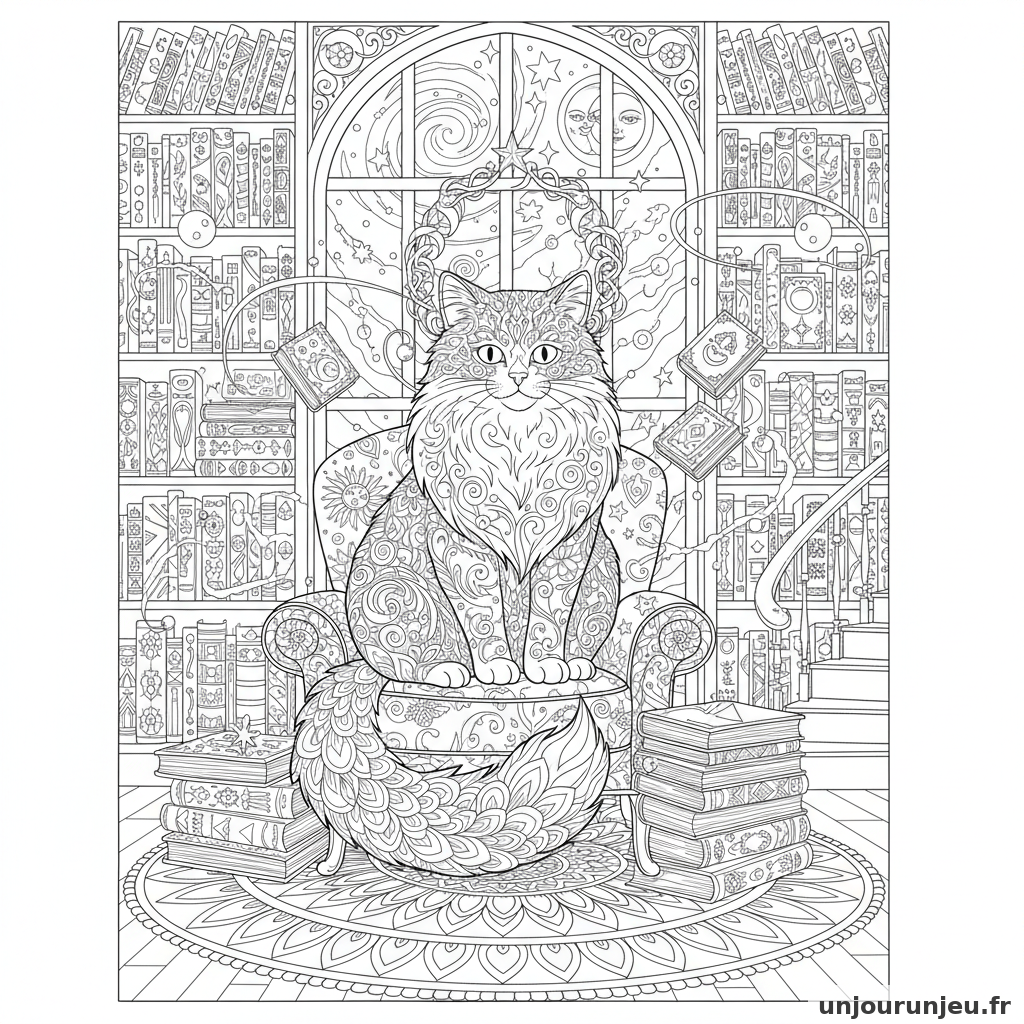 Coloriage Chat Grand Chat Bibliotheque Magique Pleine Livres 09
