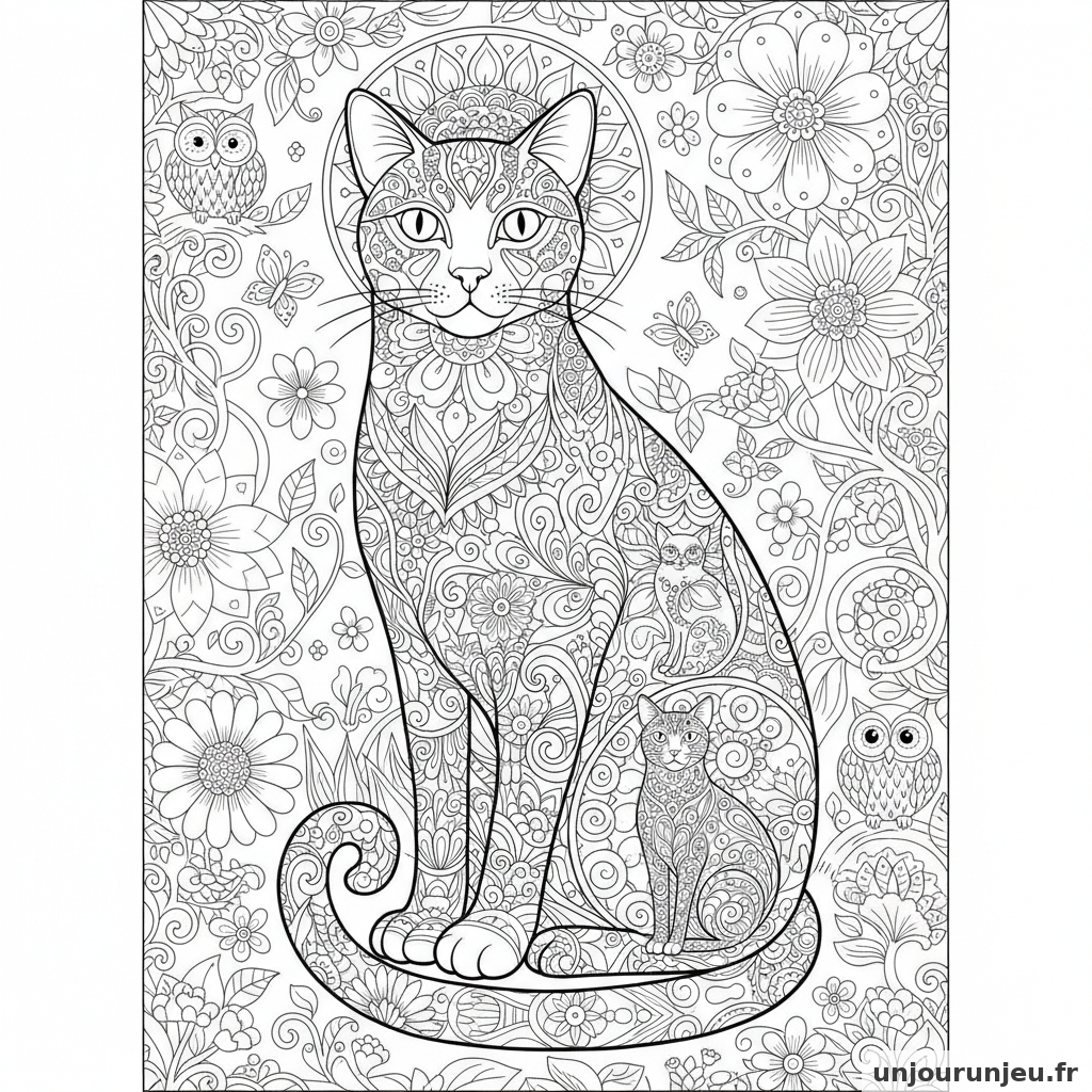 Coloriage Chat Grand Chat Orne Mille Motifs Floraux Mandala 01