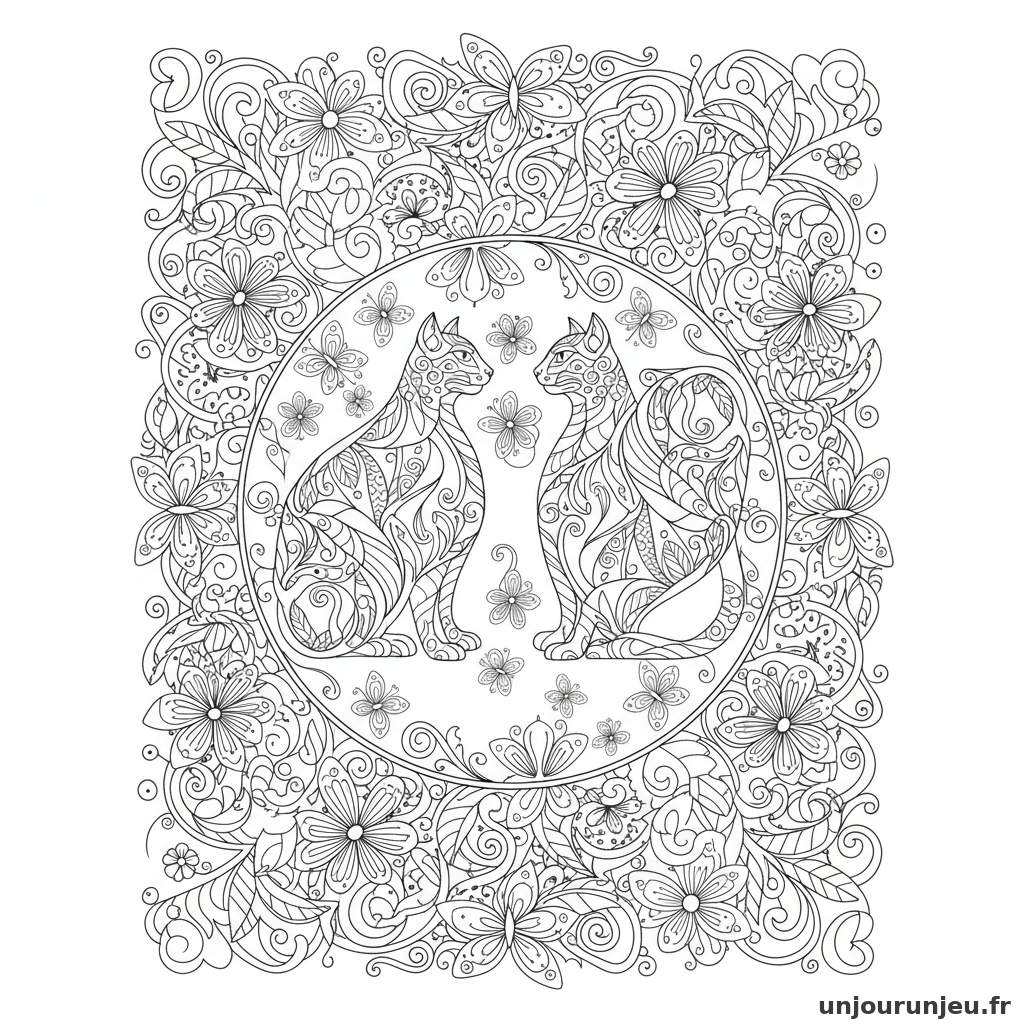 Coloriage Chat Mandala Double Chat Entrelacs Papillons 10