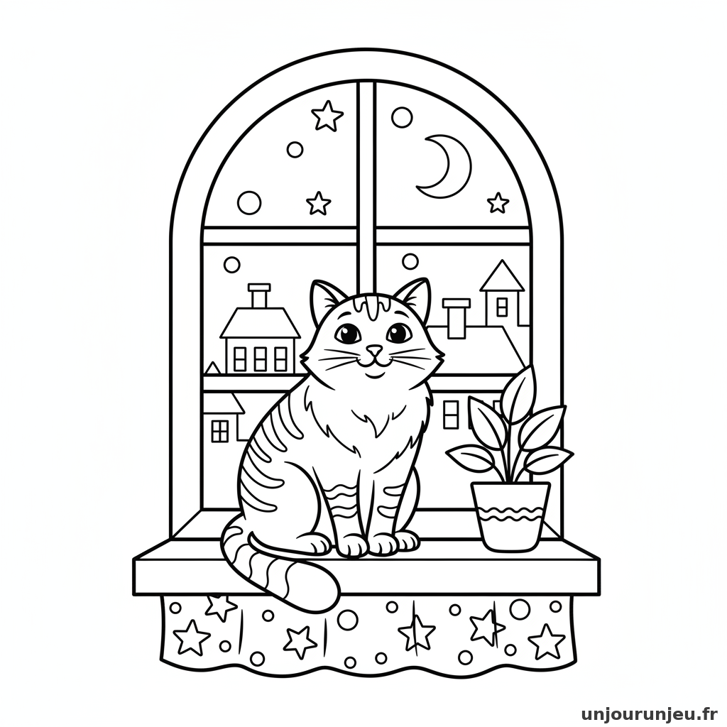 Coloriage Chat Chat Assis Rebord Dune Fenetre Nuit 02