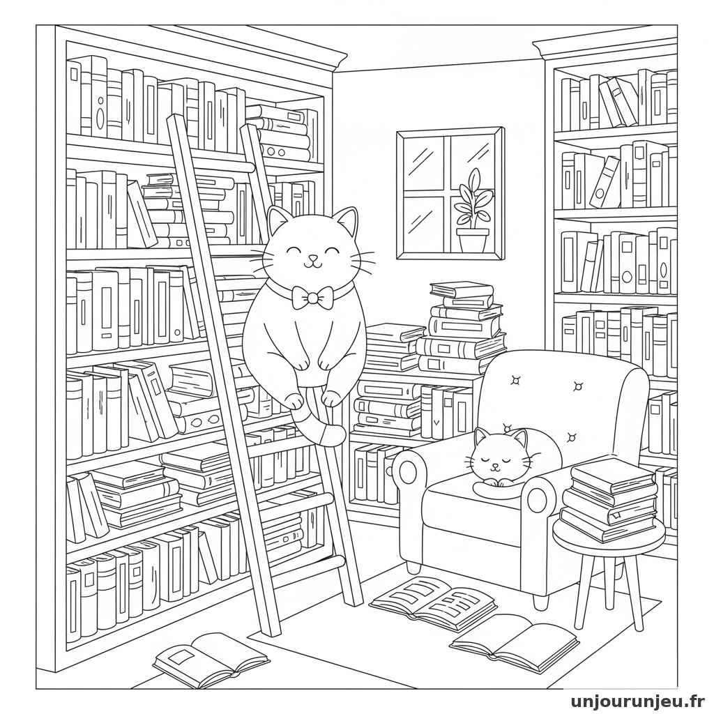 Coloriage Chat Chat Bibliotheque Pleine Livres 13
