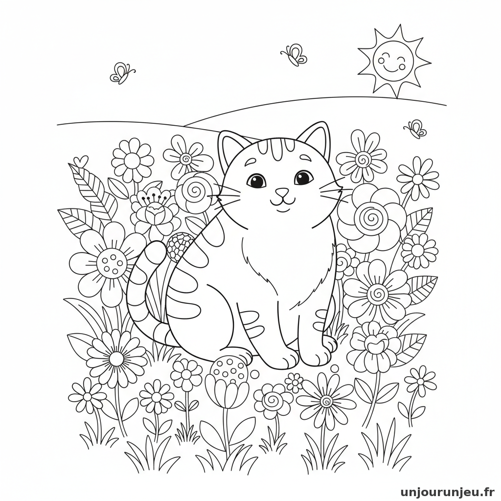 Coloriage Chat Chat Champ Fleurs 17
