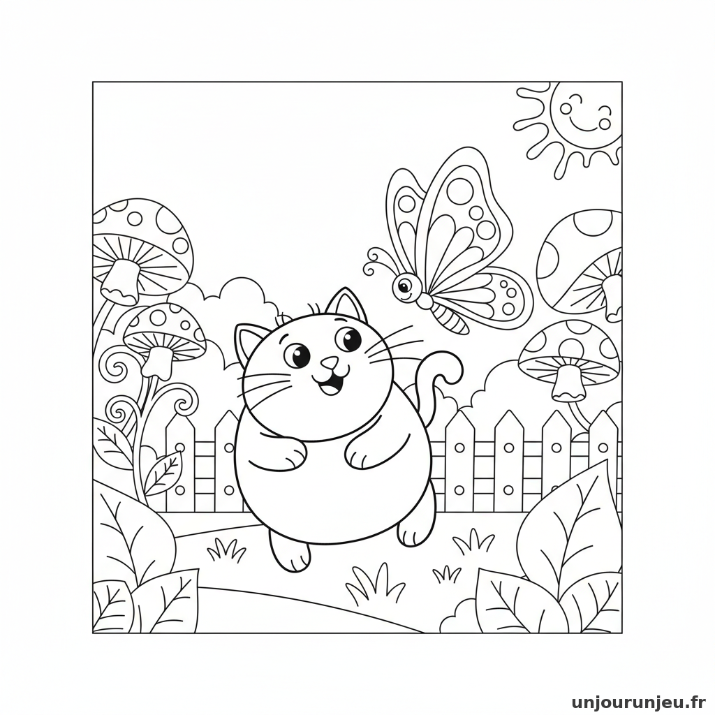 Coloriage Chat Chat Chasse Papillon Jardin 01