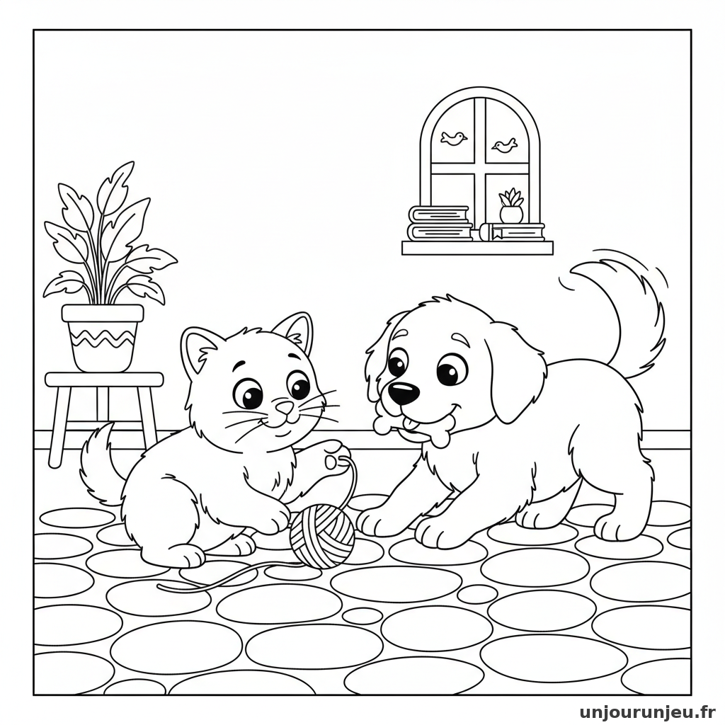Coloriage Chat Chat Chien Jouent Ensemble 04