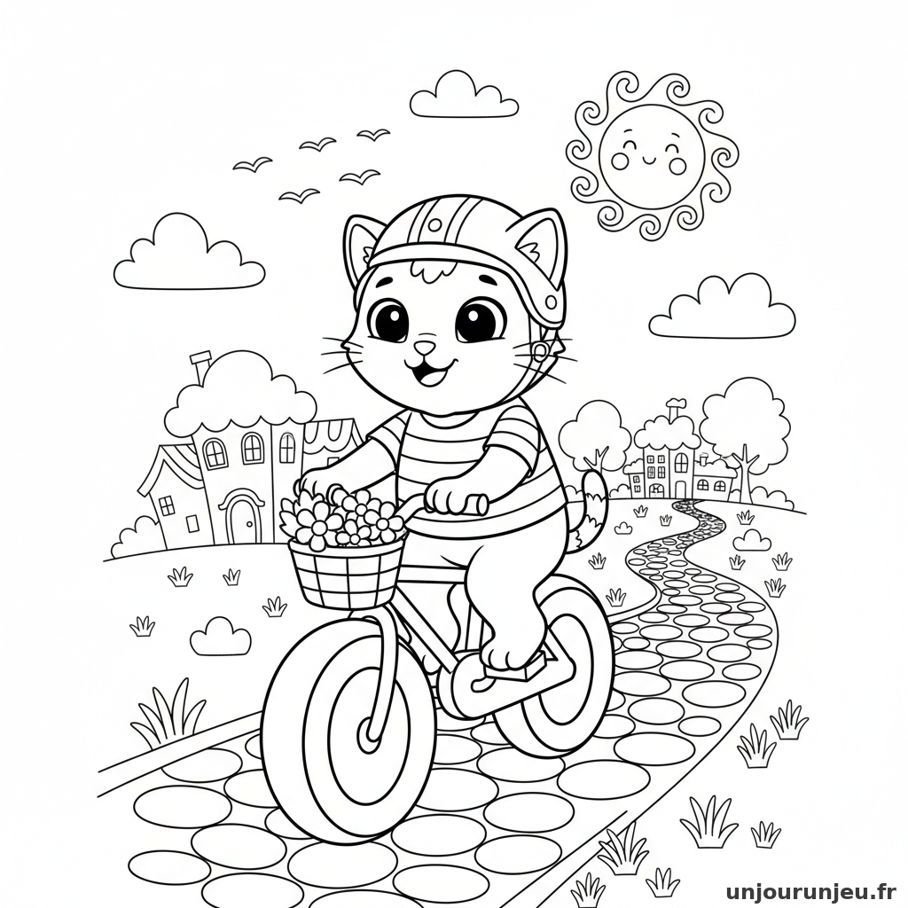 Coloriage Chat Chat Fait Velo Route 15