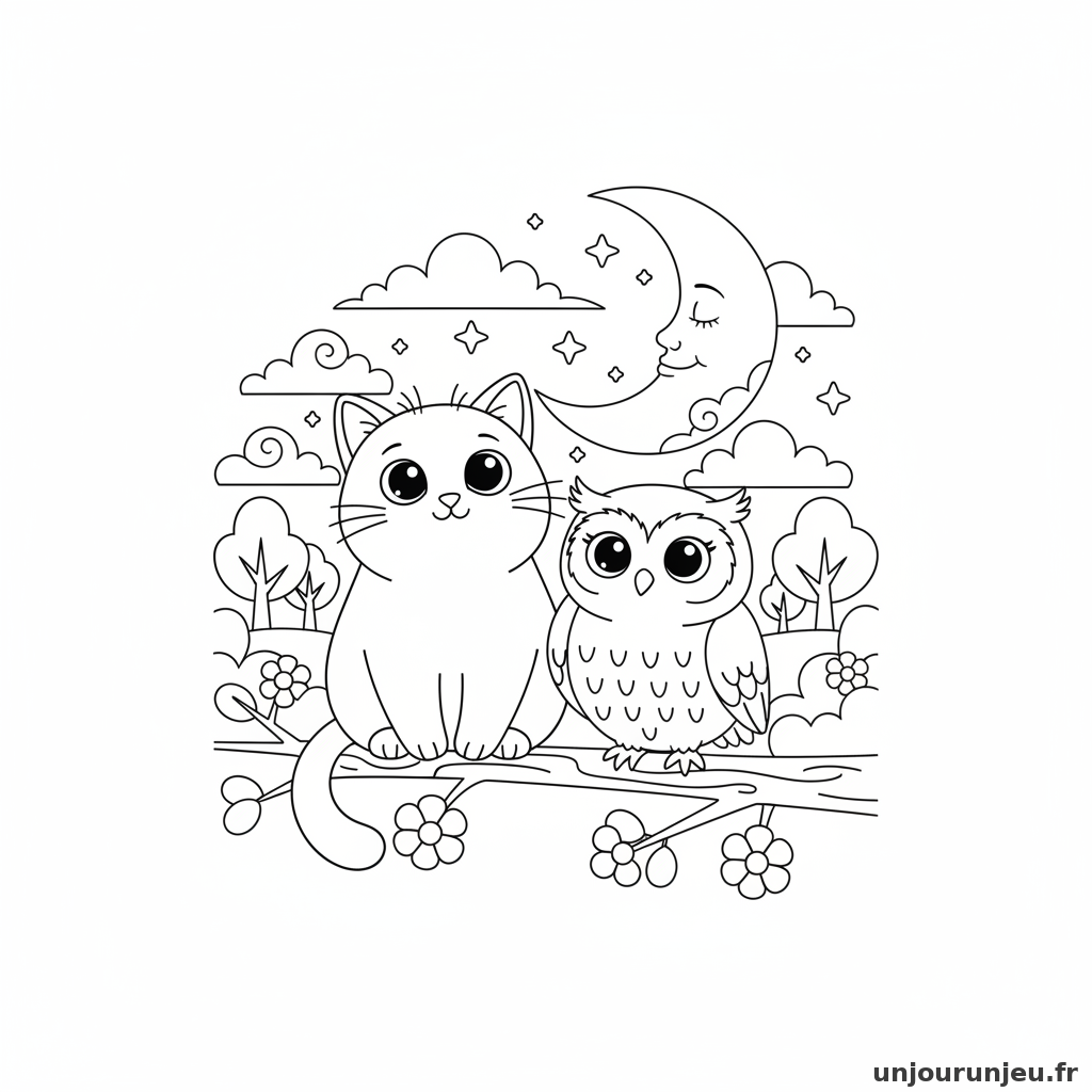 Coloriage Chat Chat Hibou Regardent Lune 16