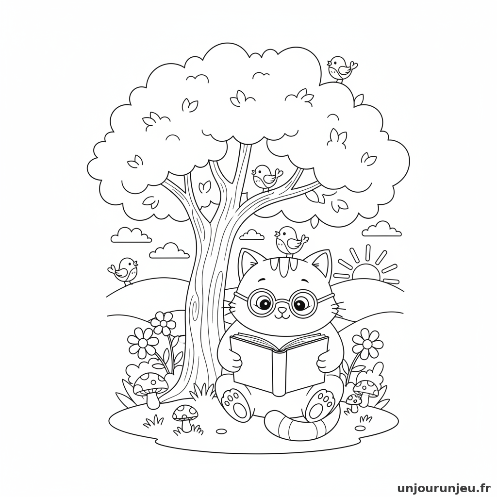 Coloriage Chat Chat Lit Livre Arbre 08