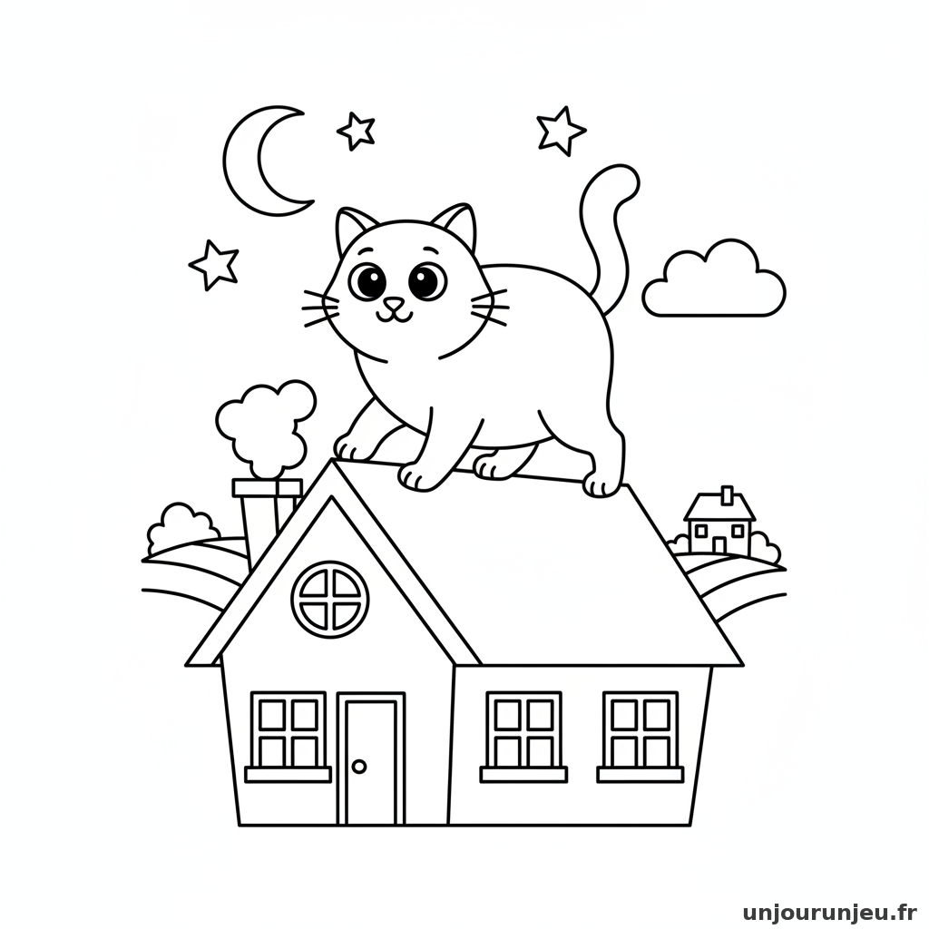 Coloriage Chat Chat Promene Toit Dune Maison 09
