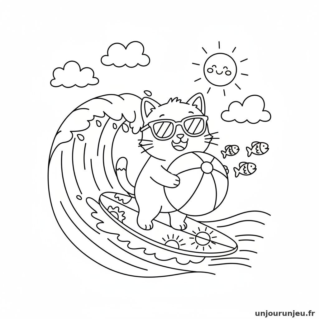 Coloriage Chat Chat Surfe Mer Ballon 07