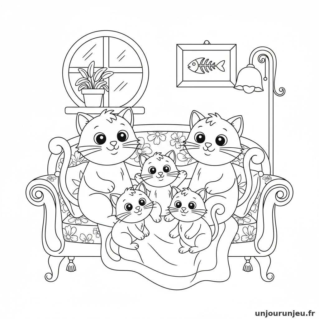 Coloriage Chat Famille Chats Canape 06