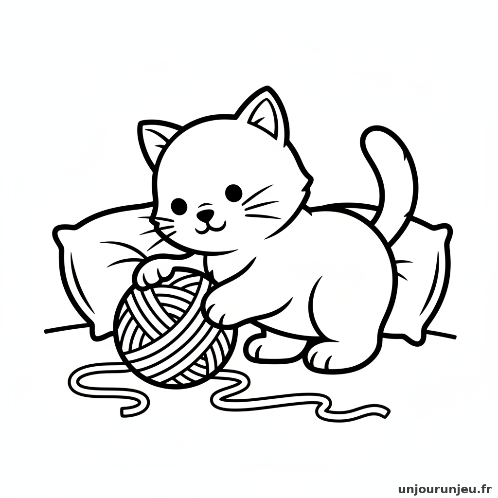 Coloriage Chat Chaton Pelote Laine 02