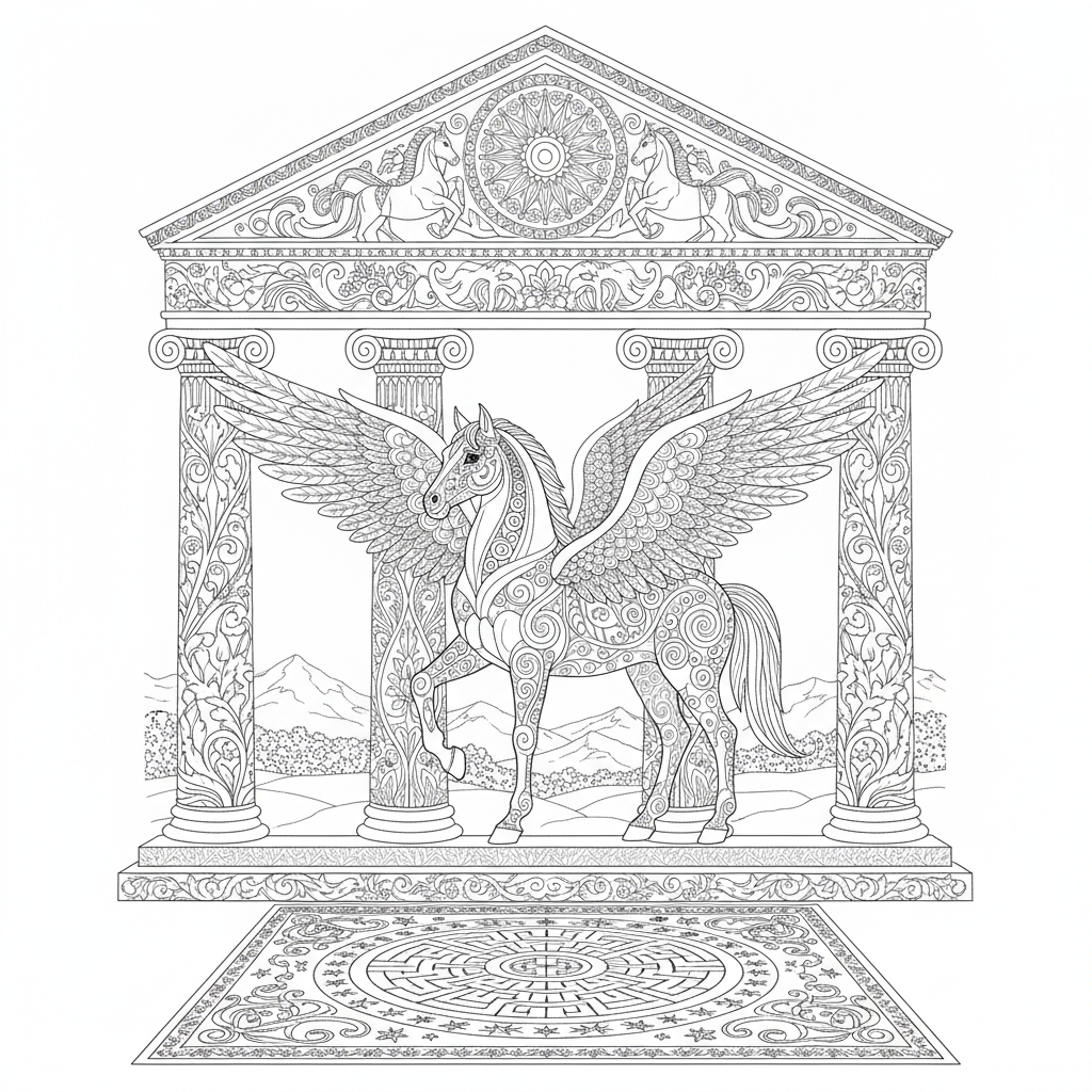 Coloriage Cheval Un Cheval Ail Dans Un Temple Grec Avec Des Colonnes Et Des F 19
