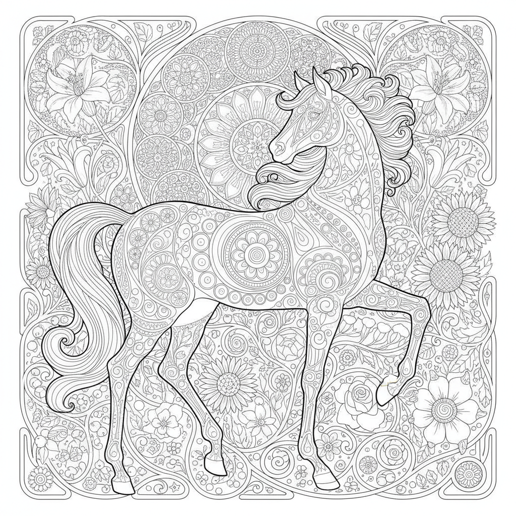 Coloriage Cheval Un Cheval Art Nouveau Avec Des Courbes Des Fleurs Et Des Mot 14