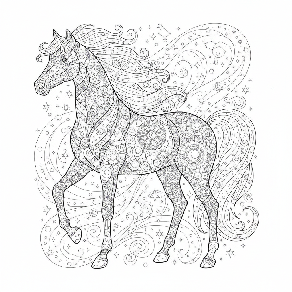 Coloriage Cheval Un Cheval Cosmique Avec Des Galaxies Des Etoiles Et Des Cons 09