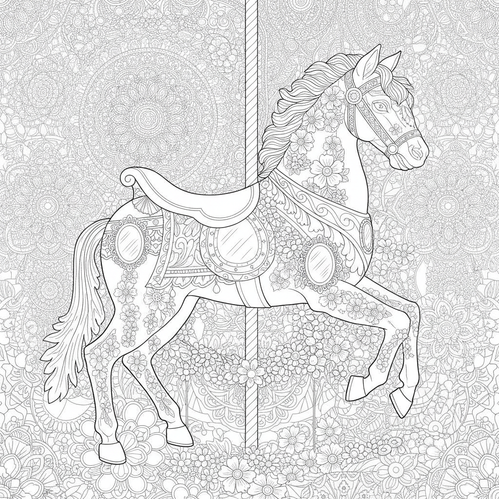 Coloriage Cheval Un Cheval De Carrousel Tres Orne Avec Des Guirlandes Et Des 06