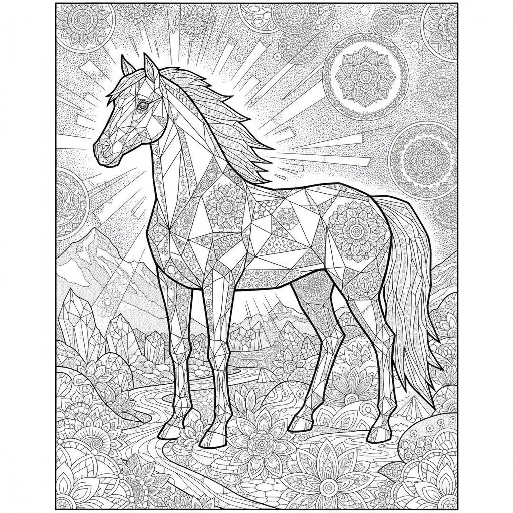 Coloriage Cheval Un Cheval De Cristal Aux Facettes Geometriques Et Prismatiqu 17