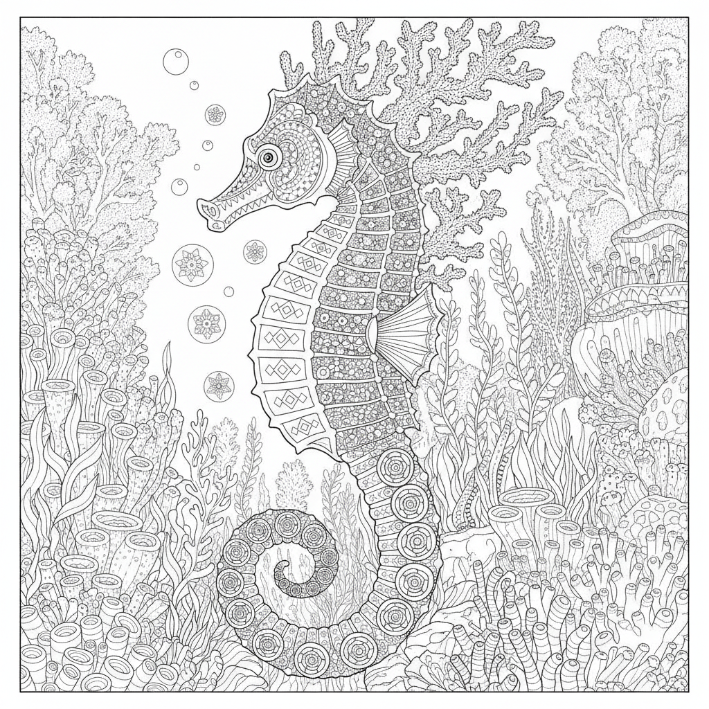 Coloriage Cheval Un Cheval Des Mers Hippocampe Geant Avec Des Ecailles Et Des 08