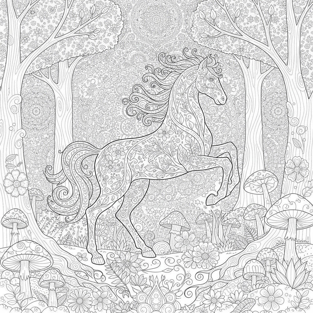 Coloriage Cheval Un Cheval Foret Dont Le Corps Est Fait De Branches Darbre De 13