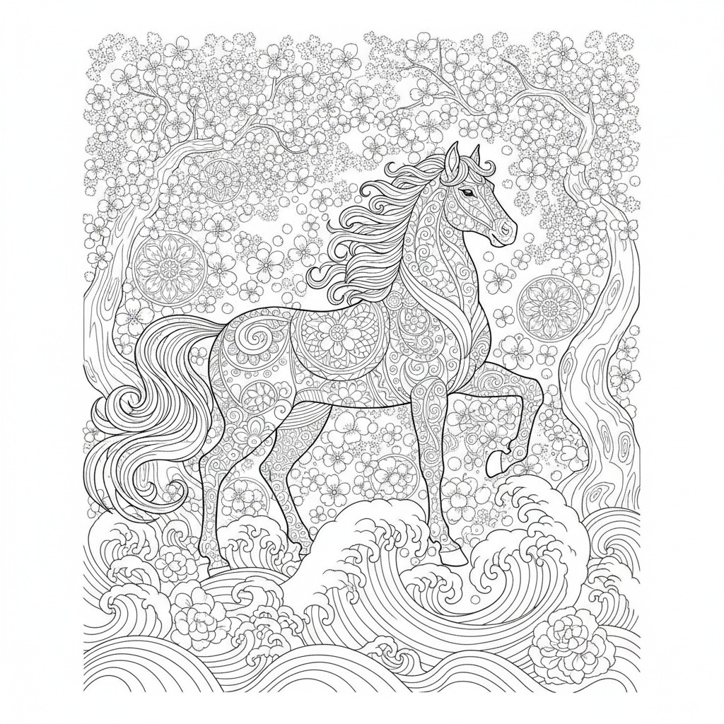 Coloriage Cheval Un Cheval Japonais Avec Des Cerisiers En Fleurs Des Vagues E 18
