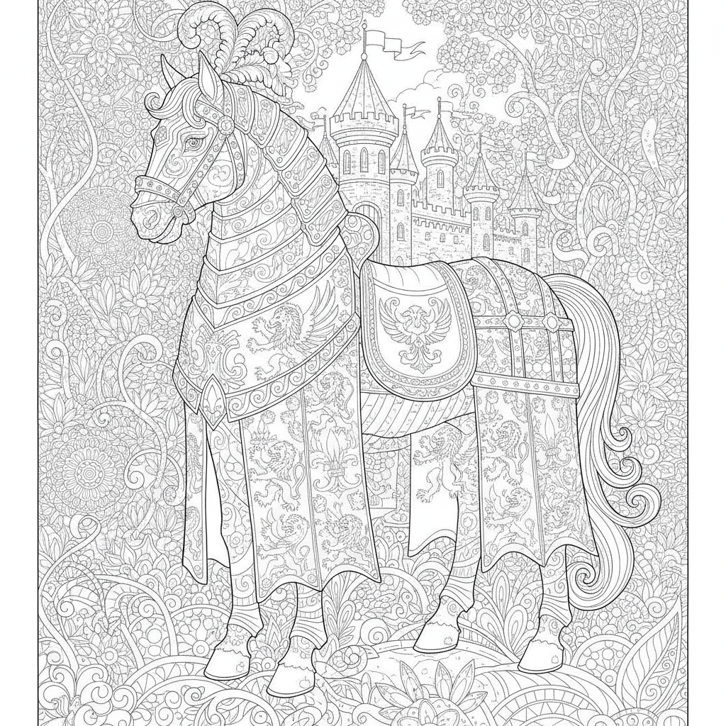 Coloriage Cheval Un Cheval Medieval En Armure Complete Avec Des Motifs Herald 03