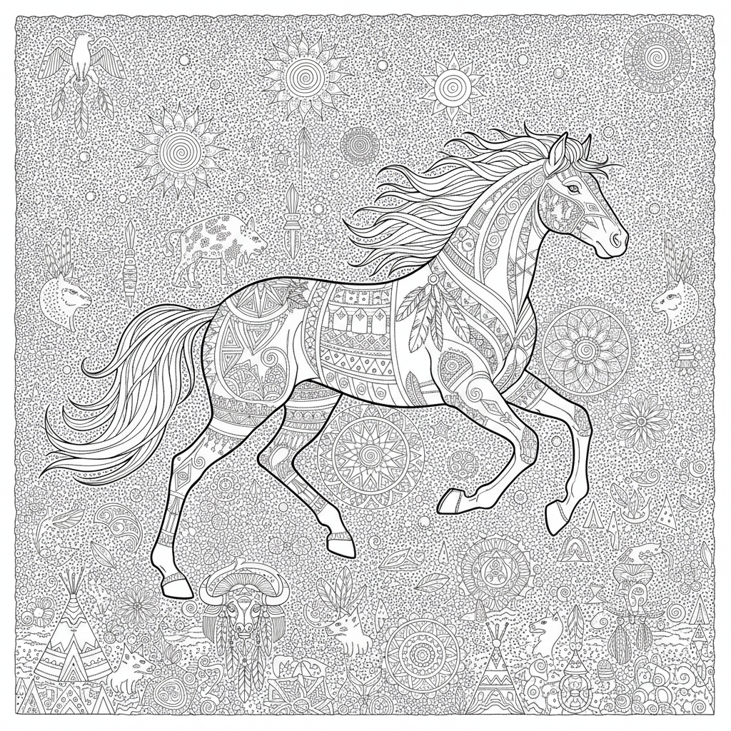 Coloriage Cheval Un Cheval Sauvage Entoure De Motifs Tribaux Et Amerindiens 04