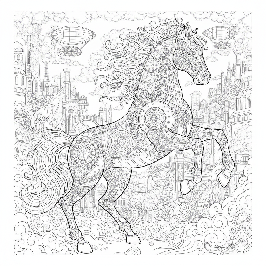 Coloriage Cheval Un Cheval Steampunk Avec Des Engrenages Des Tuyaux Et De La 05