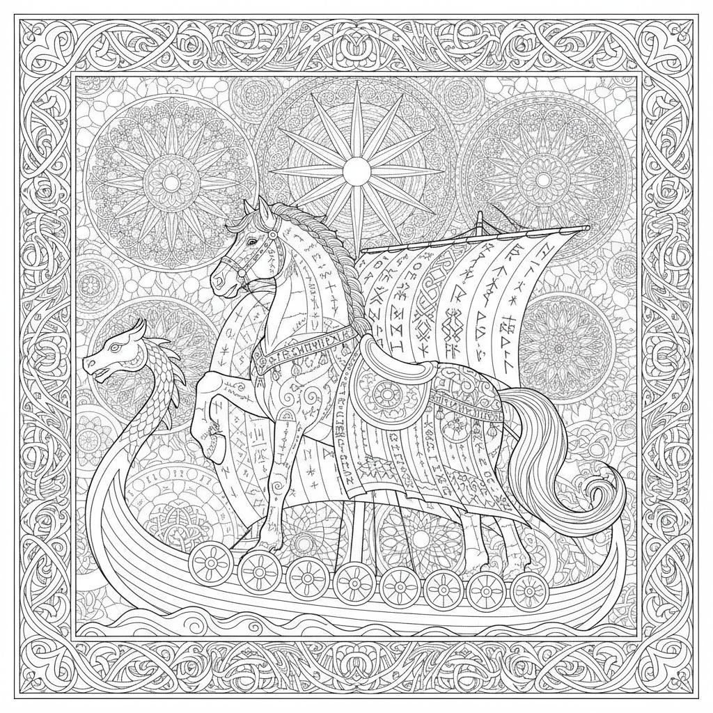 Coloriage Cheval Un Cheval Viking Avec Des Runes Un Drakkar Et Des Motifs Nor 15