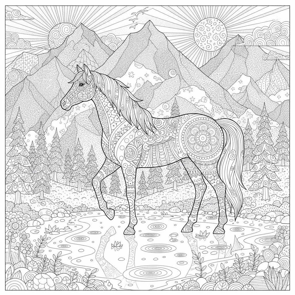Coloriage Cheval Un Grand Cheval Dans Un Paysage De Montagne Tres Detaille Av 16