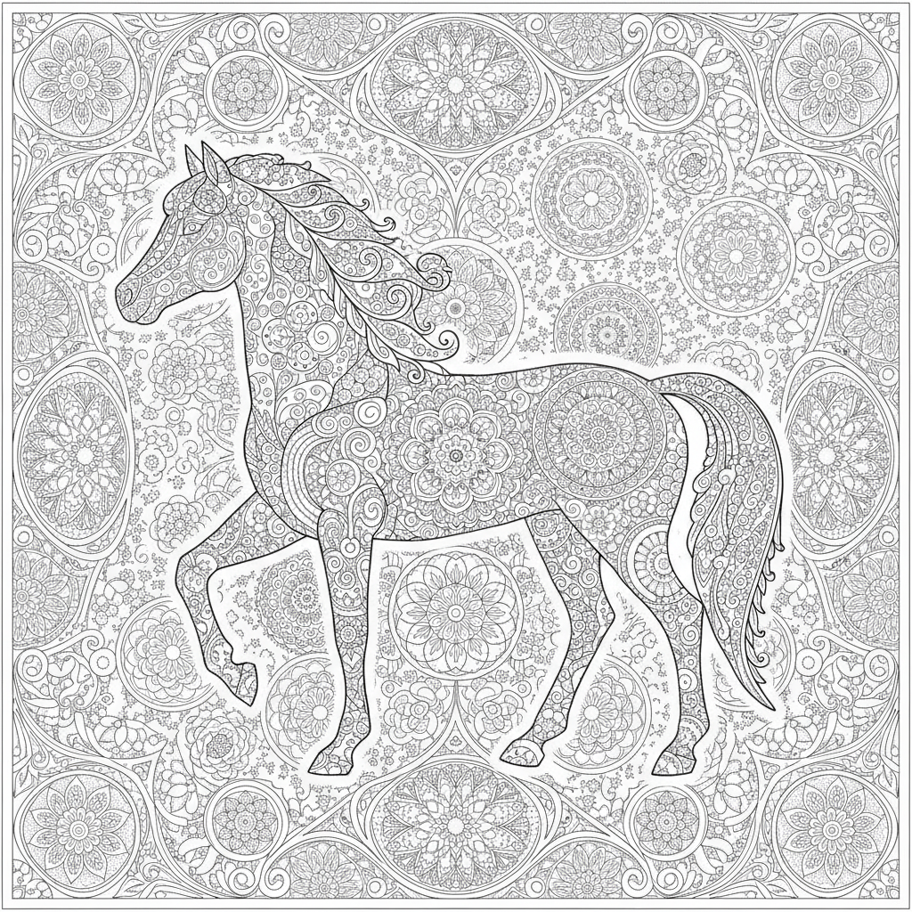 Coloriage Cheval Un Grand Cheval Mandala Orne De Motifs Floraux Et Darabesque 01