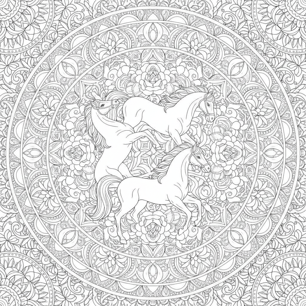 Coloriage Cheval Un Mandala Cheval Trois Chevaux En Cercle Entrelaces De Rose 20