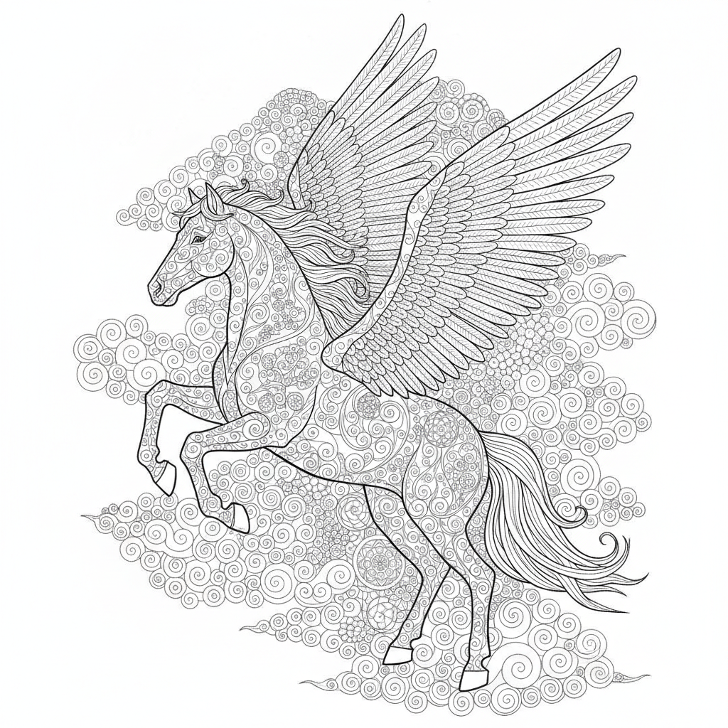 Coloriage Cheval Un Pegase Majestueux Avec Des Plumes Detaillees Et Des Nuage 02