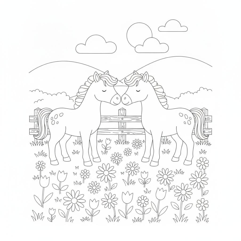 Coloriage Cheval Deux Chevaux Qui Se Font Un Bisou Dans Un Pre Fleuri 20