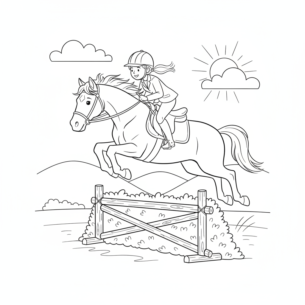 Coloriage Cheval Un Cheval Et Sa Cavaliere Qui Sautent Un Obstacle 02