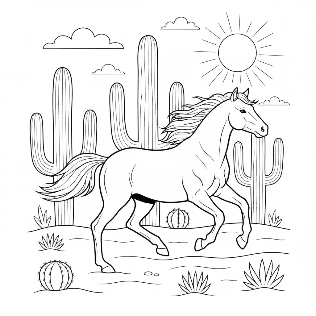 Coloriage Cheval Un Cheval Mustang Dans Le Desert Avec Des Cactus 12