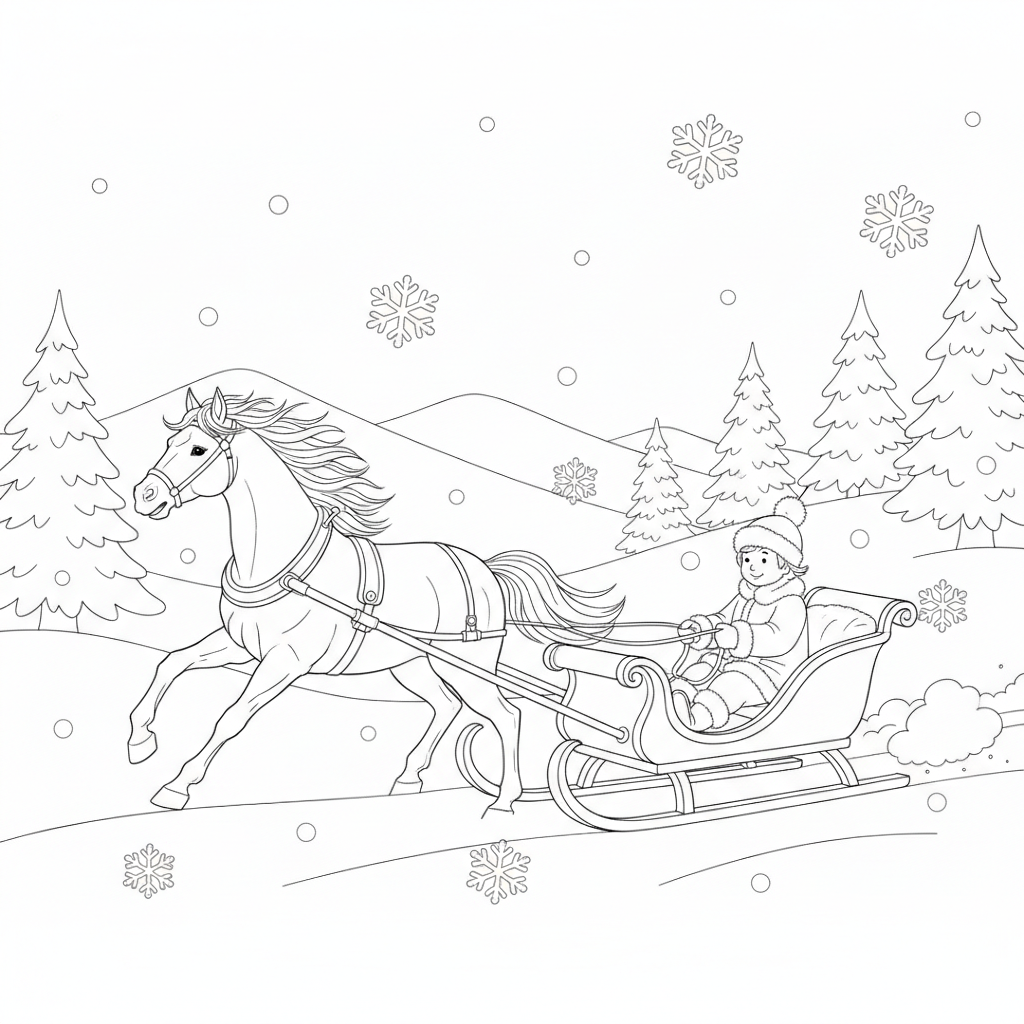 Coloriage Cheval Un Cheval Qui Court Dans La Neige Avec Un Traineau 11