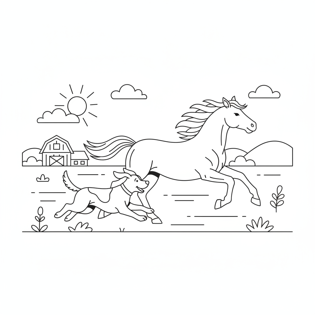 Coloriage Cheval Un Cheval Qui Fait La Course Avec Un Chien 15